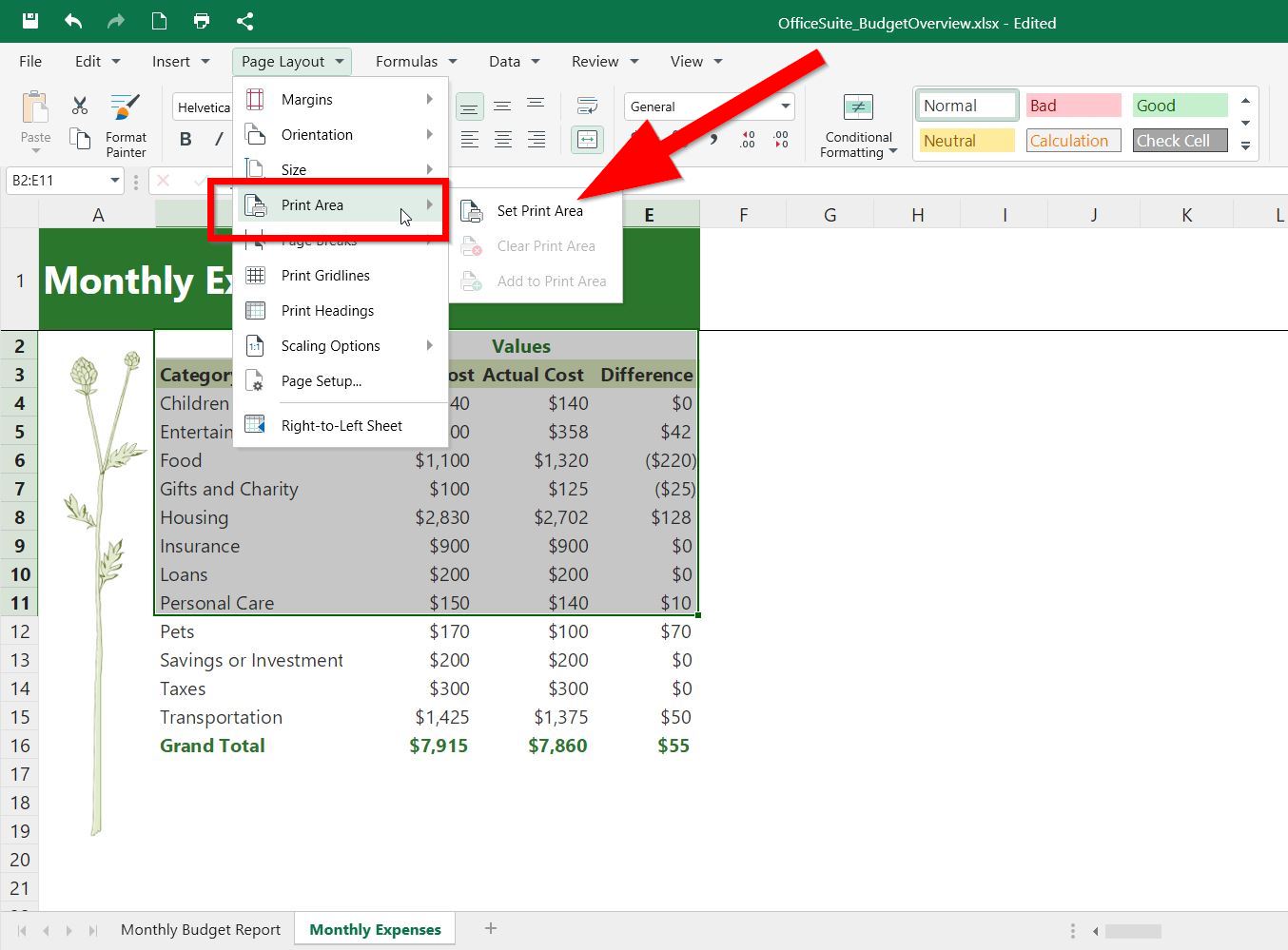Set/Clear Print Area Sheets OfficeSuite